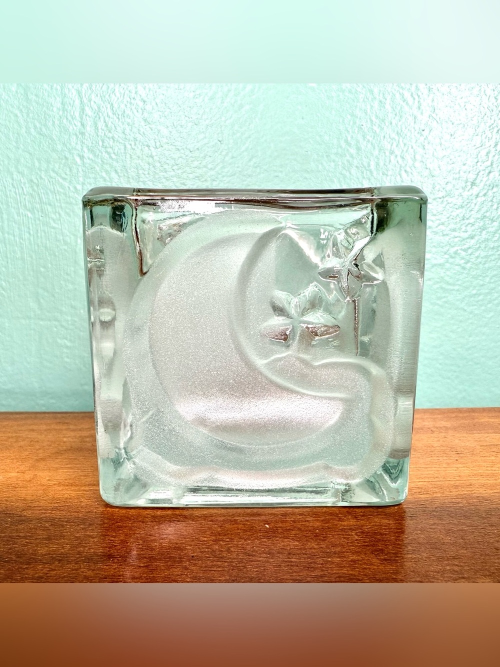 Crescent Moon & Stars Clear Frosted Glass Cube Candle Holder Votive or Tea Light